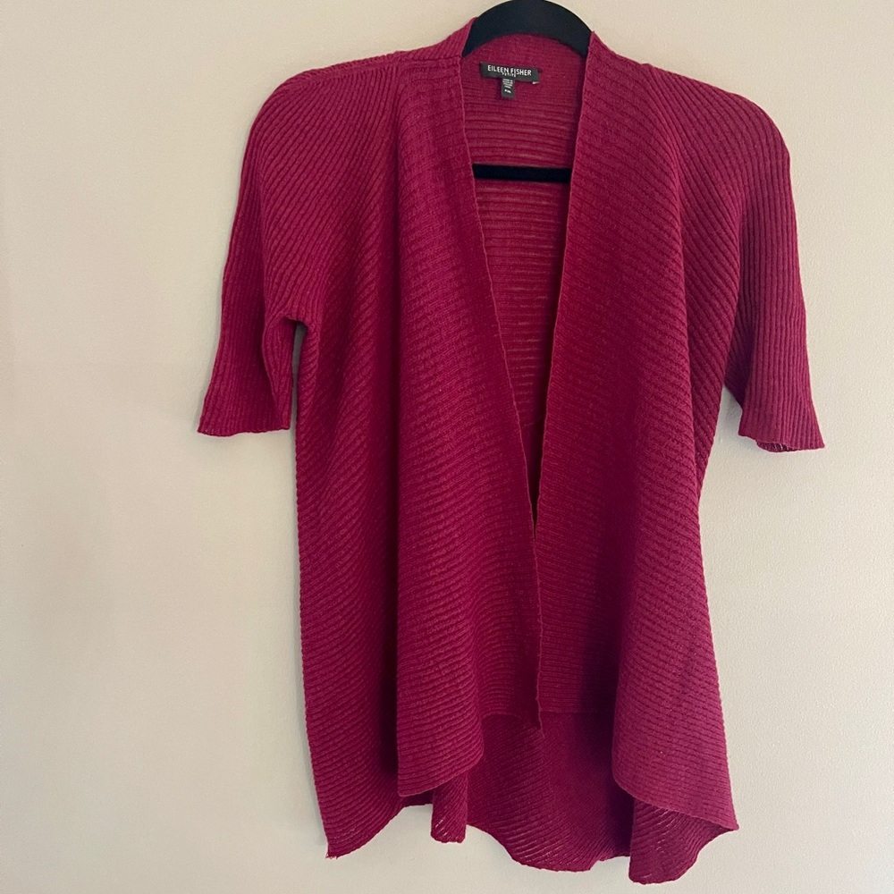 Eileen Fisher Red Short Sleeve 100% Wool Open Front Cardigan Size Petite Medium